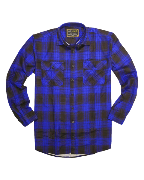 Mens Flannelette Long Sleeve Shirt 100% Cotton Check Authentic Flannel - Full Placket - Royal Blue  - L