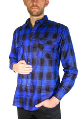 Mens Flannelette Long Sleeve Shirt 100% Cotton Check Authentic Flannel - Full Placket - Royal Blue  - M