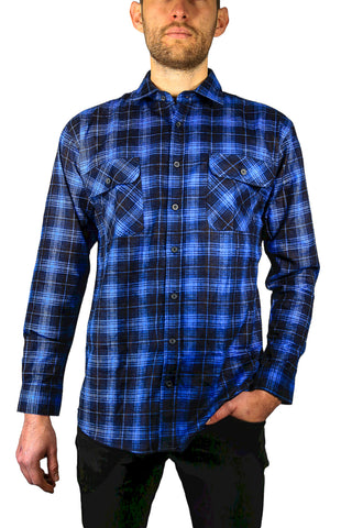 Mens 100% Cotton Flannelette Shirt Long Sleeve Check Authentic Flannel - Blue - 4XL