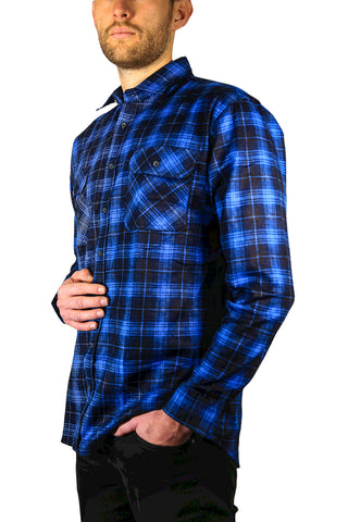 Mens 100% Cotton Flannelette Shirt Long Sleeve Check Authentic Flannel - Blue - 4XL