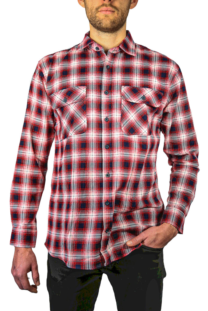 Mens 100% Cotton Flannelette Shirt Long Sleeve Check Authentic Flannel - Red/Navy - 4XL