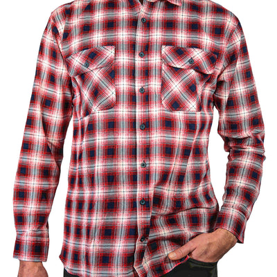 Mens 100% Cotton Flannelette Shirt Long Sleeve Check Authentic Flannel - Red/Navy