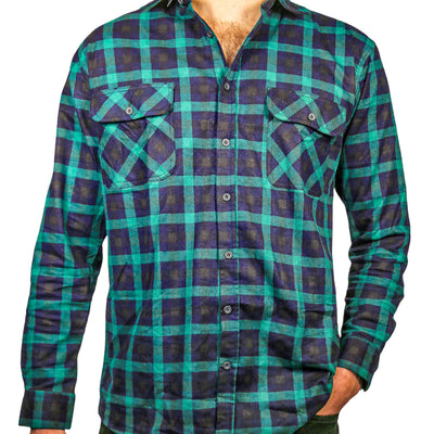 Mens 100% Cotton Flannelette Shirt Long Sleeve Check Authentic Flannel - Green/Navy