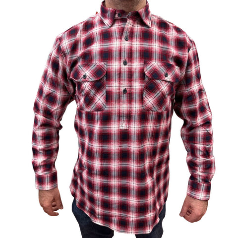 Mens Flannelette Long Sleeve Pullover Shirt 100% Cotton Flannel - Half Placket - Red/Navy - 6XL