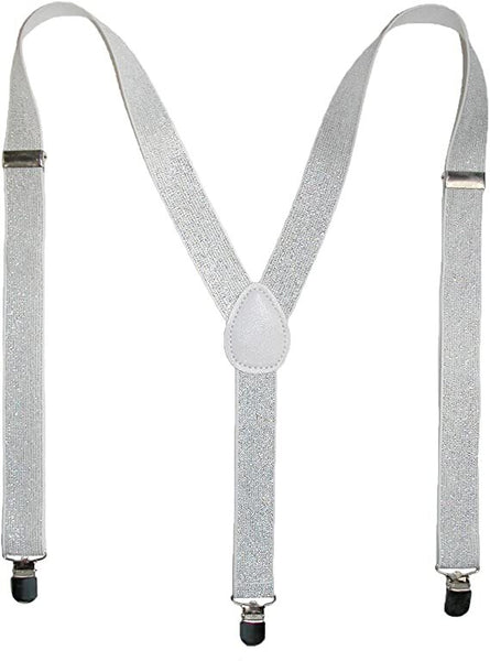 GLITTER SPARKLE SUSPENDERS Braces Clipon Elastic Y-Back Slim Adjustable  - White (Glitter)