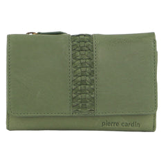 Pierre Cardin Leather Ladies Woven Design Tri-fold Wallet in Leaf Green