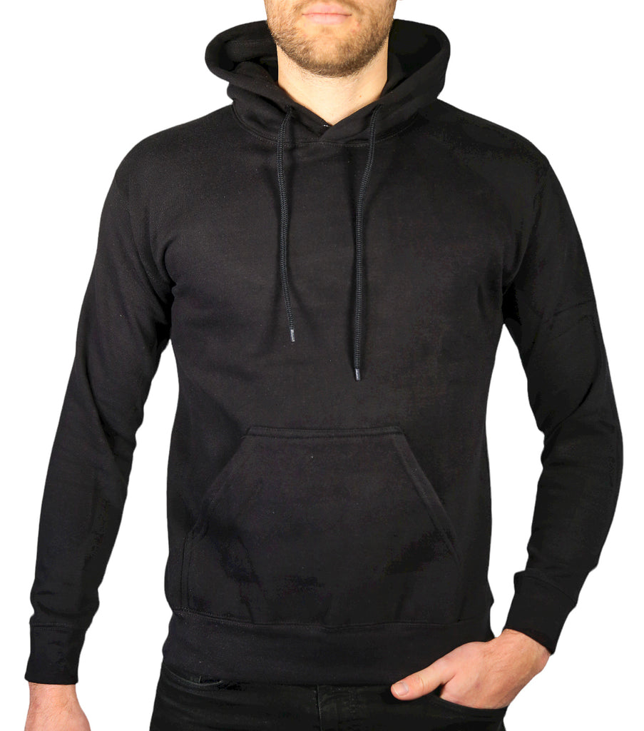 Mens Hoodie 100% Cotton Fleece Pullover Sweatshirt Warm Jumper - Black - L