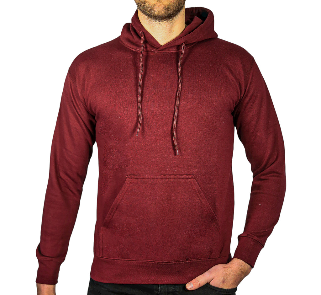 Mens Hoodie 100% Cotton Fleece Pullover Sweatshirt Warm Jumper - Maroon/Burgundy - L