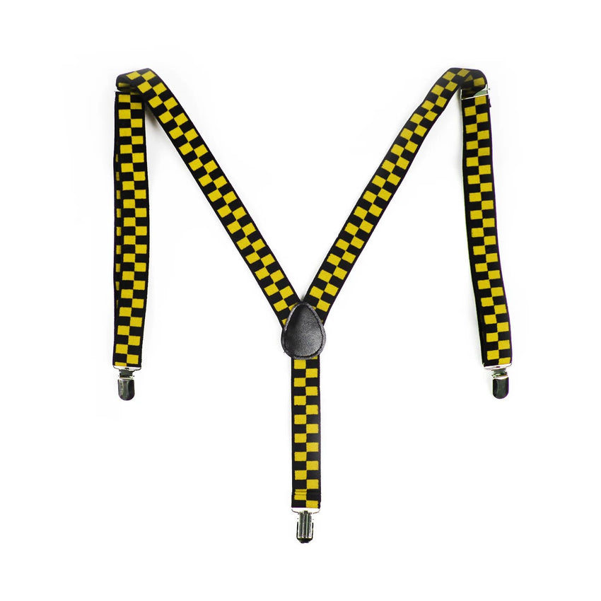 Mens Suspenders Braces Adjustable Strong Clip On Elastic Formal Wedding Slim - Black/Yellow Check