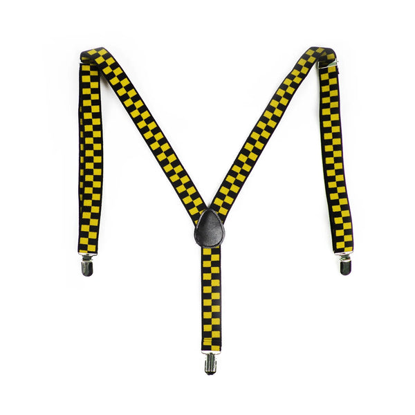 Mens Suspenders Braces Adjustable Strong Clip On Elastic Formal Wedding Slim - Black/Yellow Check