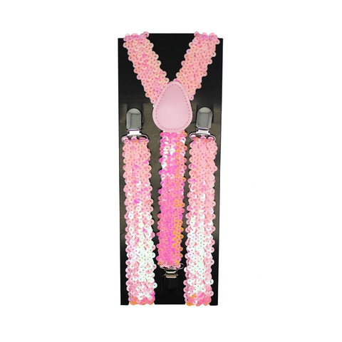 Mens Suspenders Braces Adjustable Strong Clip On Elastic Formal Wedding Slim - Light Pink (Sequin)