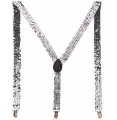 Mens Suspenders Braces Adjustable Strong Clip On Elastic Formal Wedding Slim - Silver (Sequin)