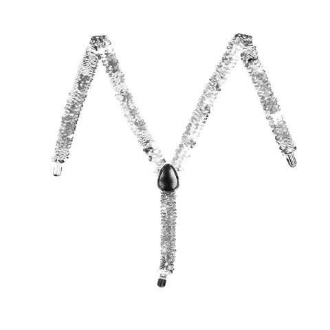 SEQUIN SUSPENDERS Unisex Adjustable Braces Clip On Elastic Y-Back  - Silver
