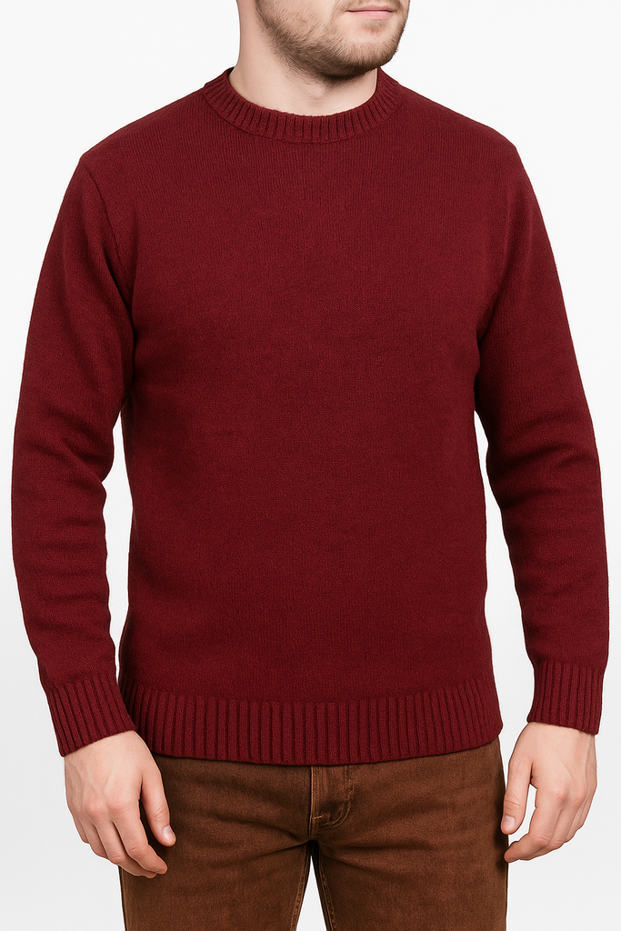 100% SHETLAND RAGG WOOL CREW Round Neck Knit JUMPER Pullover Mens Sweater Knitted - Burgundy - 3XL