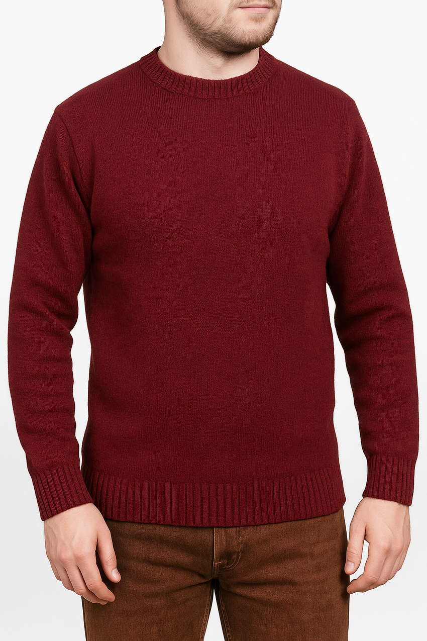 100% SHETLAND RAGG WOOL CREW Round Neck Knit JUMPER Pullover Mens Sweater Knitted - Burgundy - 3XL