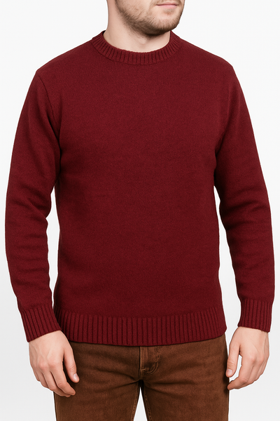 100% SHETLAND RAGG WOOL CREW Round Neck Knit JUMPER Pullover Mens Sweater Knitted - Burgundy - 3XL