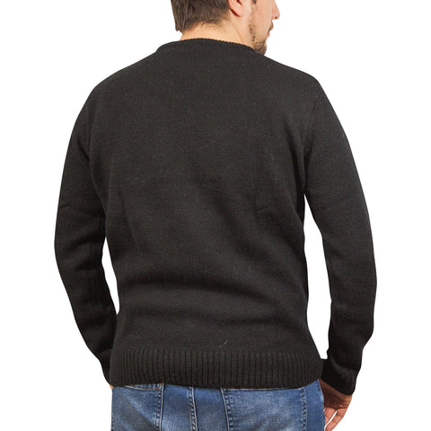 100% SHETLAND RAGG WOOL CREW Round Neck Knit JUMPER Pullover Mens Sweater Knitted - Plain Black - XXL