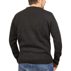 100% SHETLAND RAGG WOOL CREW Round Neck Knit JUMPER Pullover Mens Sweater Knitted - Plain Black - XXL