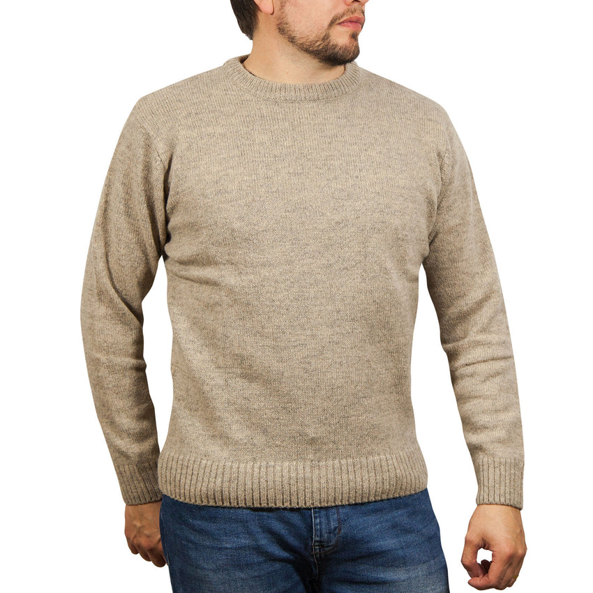 100% SHETLAND RAGG WOOL CREW Round Neck Knit JUMPER Pullover Mens Sweater Knitted - Beige - 3XL