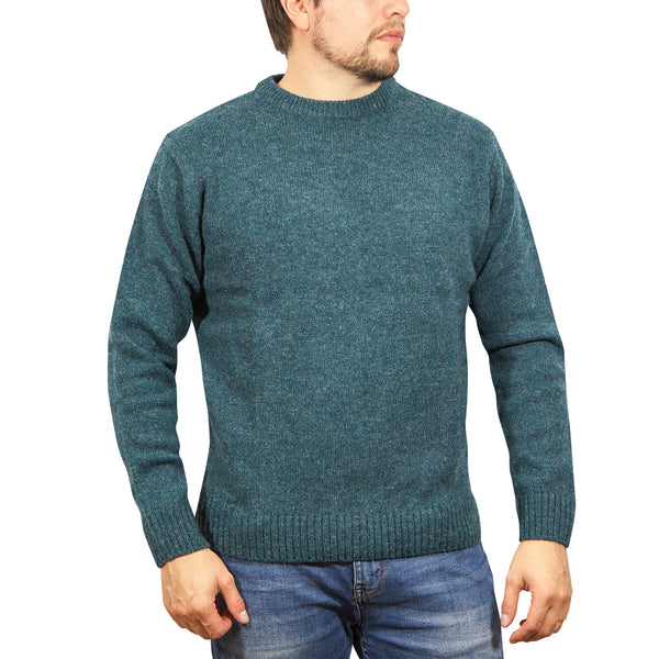 100% SHETLAND RAGG WOOL CREW Round Neck Knit JUMPER Pullover Mens Sweater Knitted - Sherwood - L
