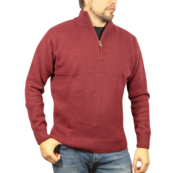 100% SHETLAND RAGG WOOL Half Zip Up Knit JUMPER Pullover Mens Sweater Knitted - Burgundy - M