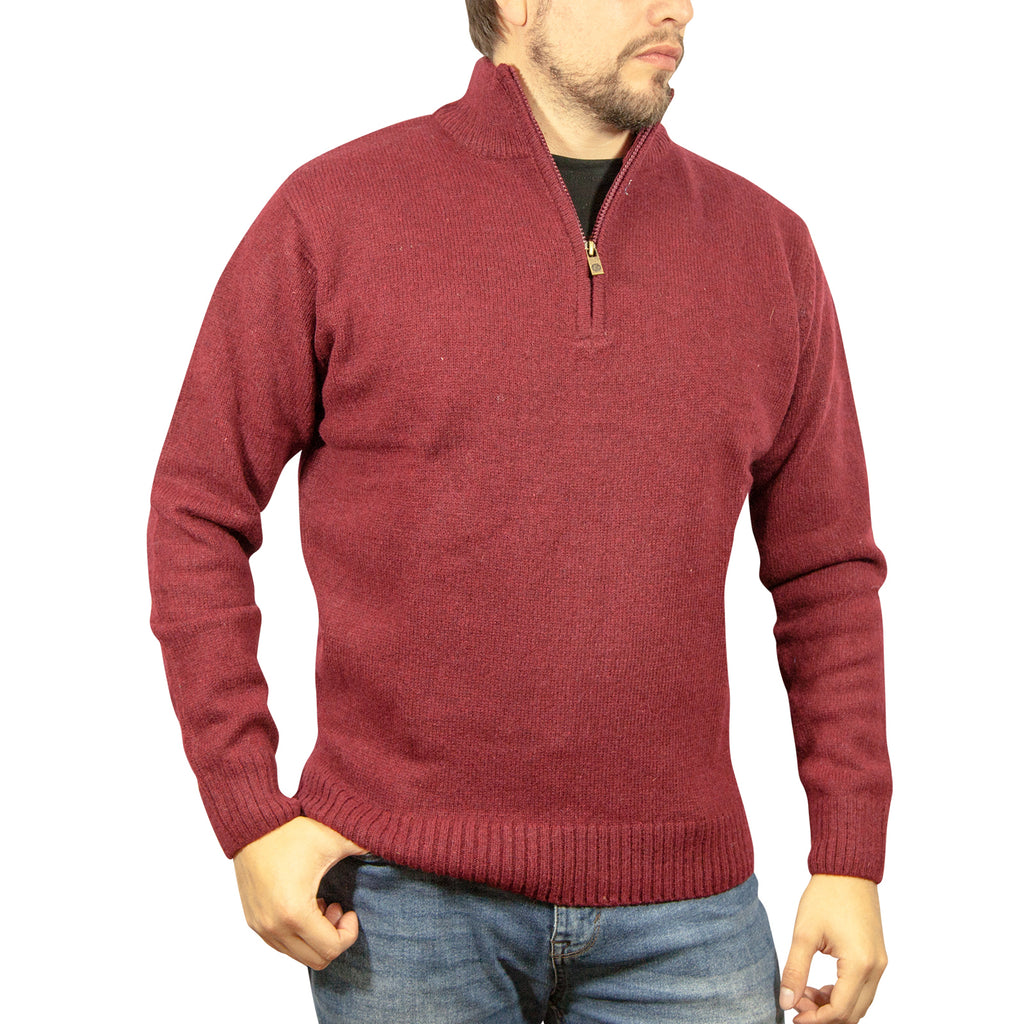 100% SHETLAND RAGG WOOL Half Zip Up Knit JUMPER Pullover Mens Sweater Knitted - Burgundy - XXL