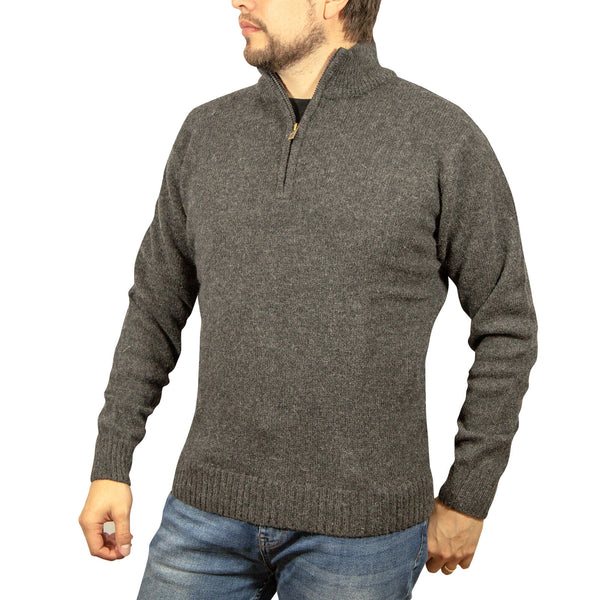 100% SHETLAND RAGG WOOL Half Zip Up Knit JUMPER Pullover Mens Sweater Knitted - Charcoal - XXL