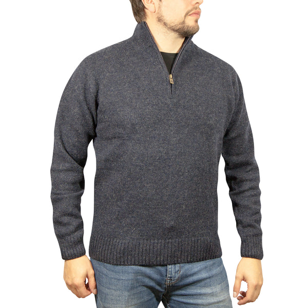 100% SHETLAND RAGG WOOL Half Zip Up Knit JUMPER Pullover Mens Sweater Knitted - Denim Blue (45) - 3XL - 3XL