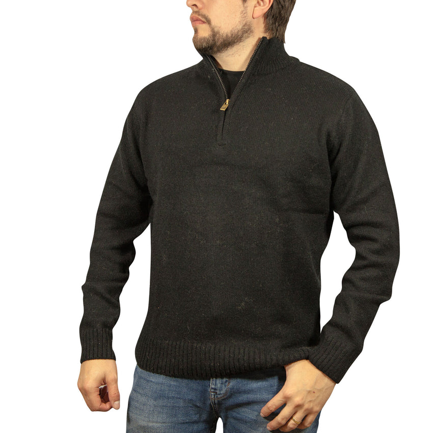 100% SHETLAND RAGG WOOL Half Zip Up Knit JUMPER Pullover Mens Sweater Knitted - Plain Black - 3XL