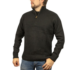 100% SHETLAND RAGG WOOL Half Zip Up Knit JUMPER Pullover Mens Sweater Knitted - Plain Black - 6XL
