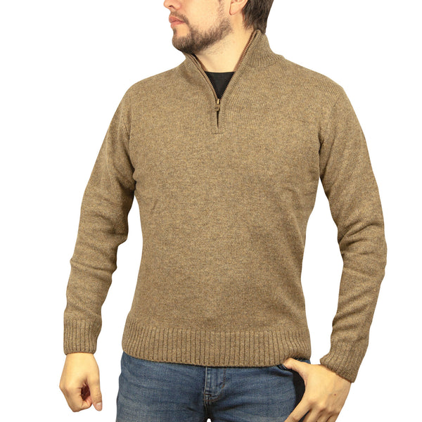 100% SHETLAND RAGG WOOL Half Zip Up Knit JUMPER Pullover Mens Sweater Knitted - Nutmeg - 3XL