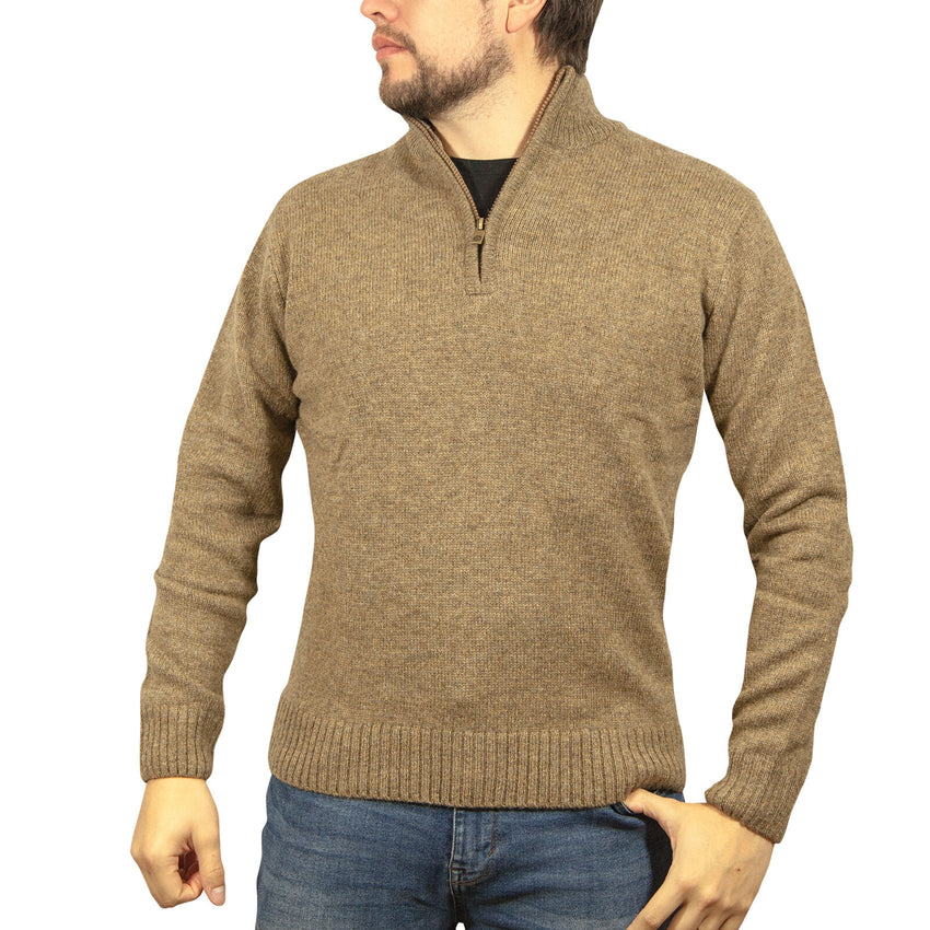 100% SHETLAND RAGG WOOL Half Zip Up Knit JUMPER Pullover Mens Sweater Knitted - Nutmeg - L