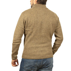 100% SHETLAND RAGG WOOL Half Zip Up Knit JUMPER Pullover Mens Sweater Knitted - Nutmeg - L