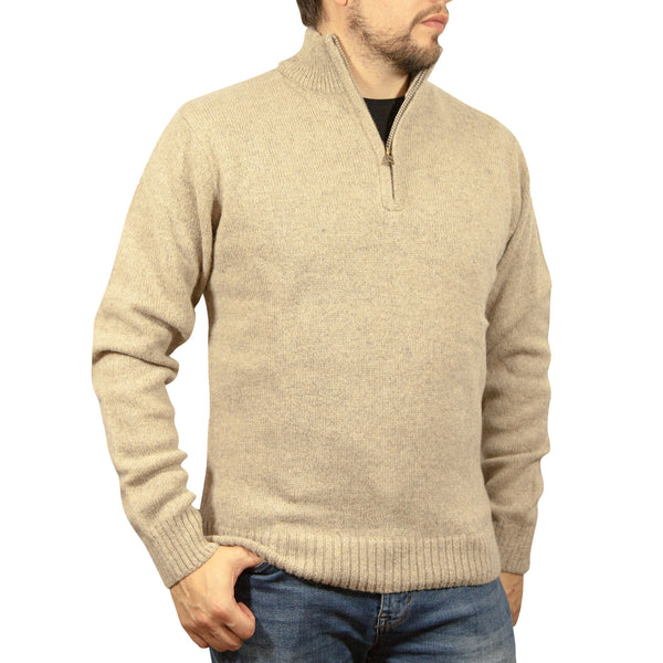 100% SHETLAND RAGG WOOL Half Zip Up Knit JUMPER Pullover Mens Sweater Knitted - Oat Marle - L