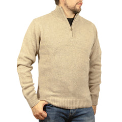 100% SHETLAND RAGG WOOL Half Zip Up Knit JUMPER Pullover Mens Sweater Knitted - Oat Marle - L