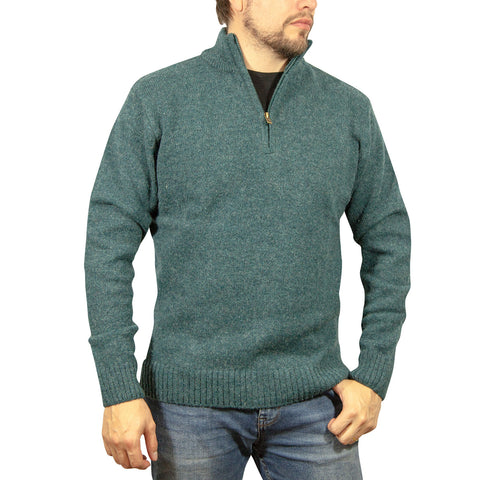 100% SHETLAND RAGG WOOL Half Zip Up Knit JUMPER Pullover Mens Sweater Knitted - Sherwood - 6XL