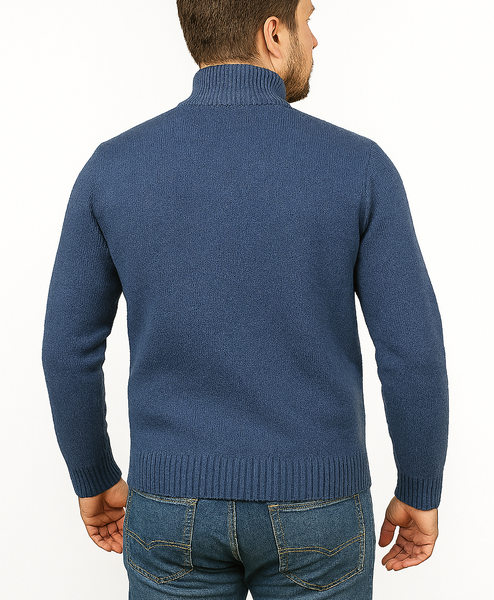100% SHETLAND RAGG WOOL Half Zip Up Knit JUMPER Pullover Mens Sweater Knitted in Sky  - L