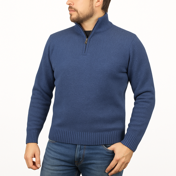 100% SHETLAND RAGG WOOL Half Zip Up Knit JUMPER Pullover Mens Sweater Knitted in Sky  - M