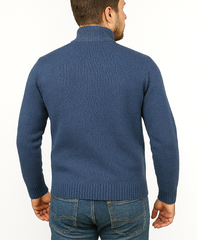 100% SHETLAND RAGG WOOL Half Zip Up Knit JUMPER Pullover Mens Sweater Knitted in Sky  - M