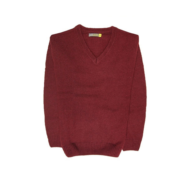 100% Shetland Ragg Wool V Neck Knit Jumper Pullover Mens Sweater Knitted - Burgundy - L