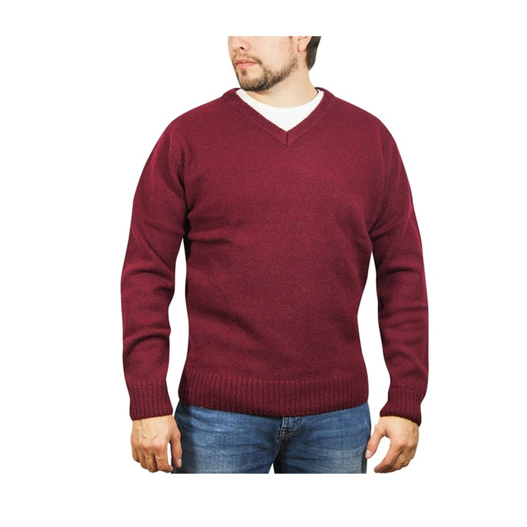 100% Shetland Ragg Wool V Neck Knit Jumper Pullover Mens Sweater Knitted - Burgundy - XL