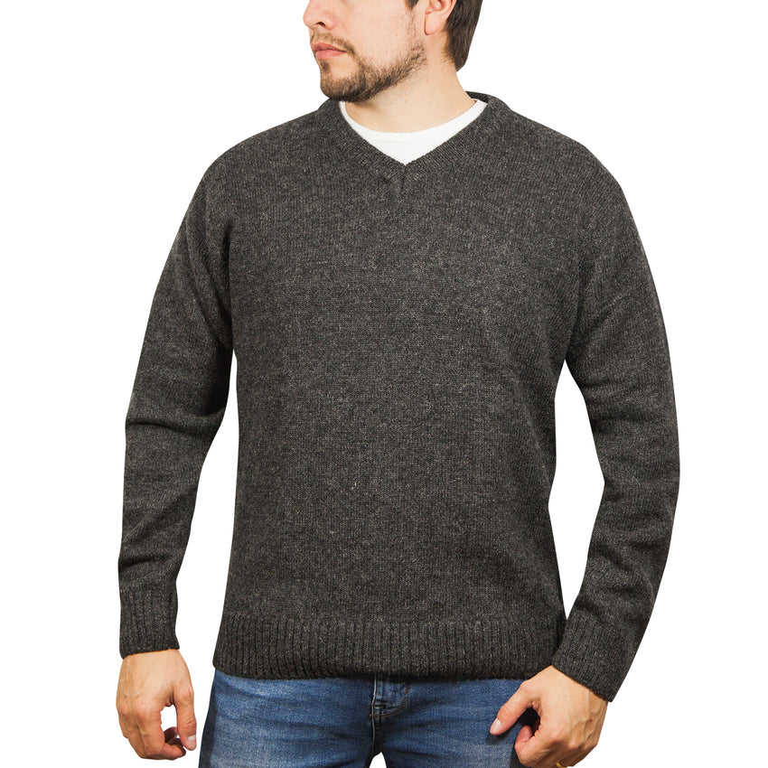 100% Shetland Ragg Wool V Neck Knit Jumper Pullover Mens Sweater Knitted - Charcoal - 3XL