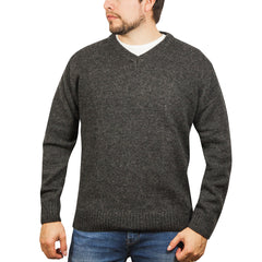 100% Shetland Ragg Wool V Neck Knit Jumper Pullover Mens Sweater Knitted - Charcoal - 3XL