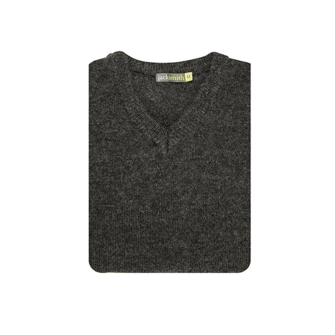 100% Shetland Ragg Wool V Neck Knit Jumper Pullover Mens Sweater Knitted - Charcoal - M