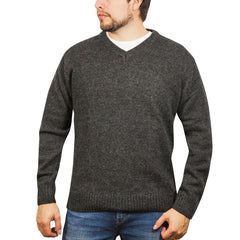 100% Shetland Ragg Wool V Neck Knit Jumper Pullover Mens Sweater Knitted - Charcoal - XL