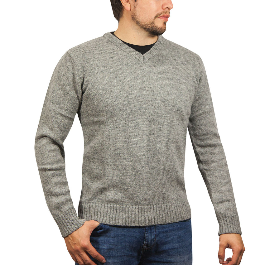 100% Shetland Ragg Wool V Neck Knit Jumper Pullover Mens Sweater Knitted - Grey - M