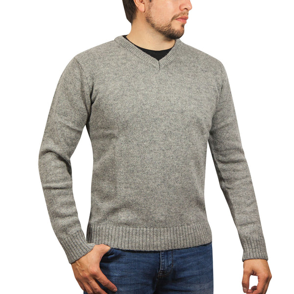 100% Shetland Ragg Wool V Neck Knit Jumper Pullover Mens Sweater Knitted - Grey - M