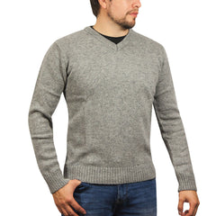100% Shetland Ragg Wool V Neck Knit Jumper Pullover Mens Sweater Knitted - Grey - M