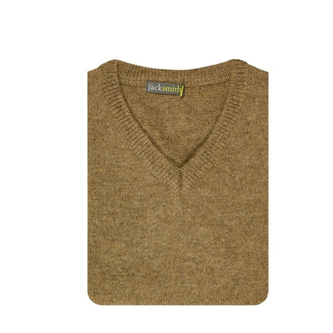 100% Shetland Ragg Wool V Neck Knit Jumper Pullover Mens Sweater Knitted - Nutmeg