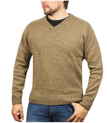 100% Shetland Ragg Wool V Neck Knit Jumper Pullover Mens Sweater Knitted - Nutmeg - M